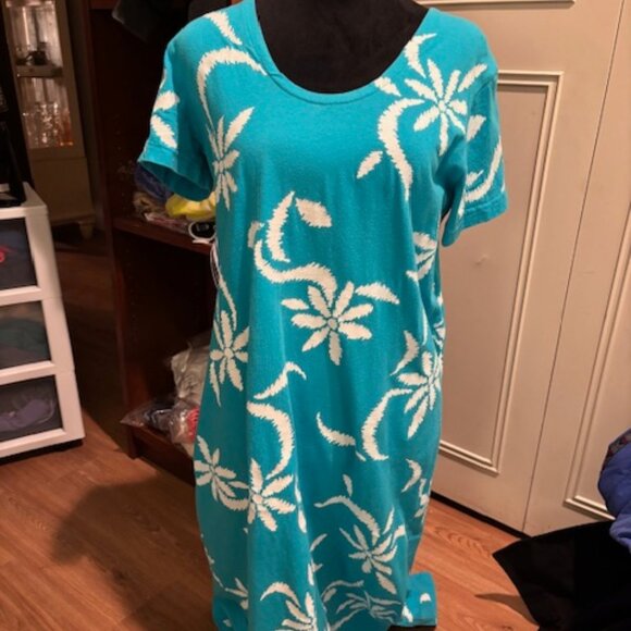 M Mac Aqua Hawaiian Print 100% Cotton Maxi Dress EUC Small - Picture 1 of 4